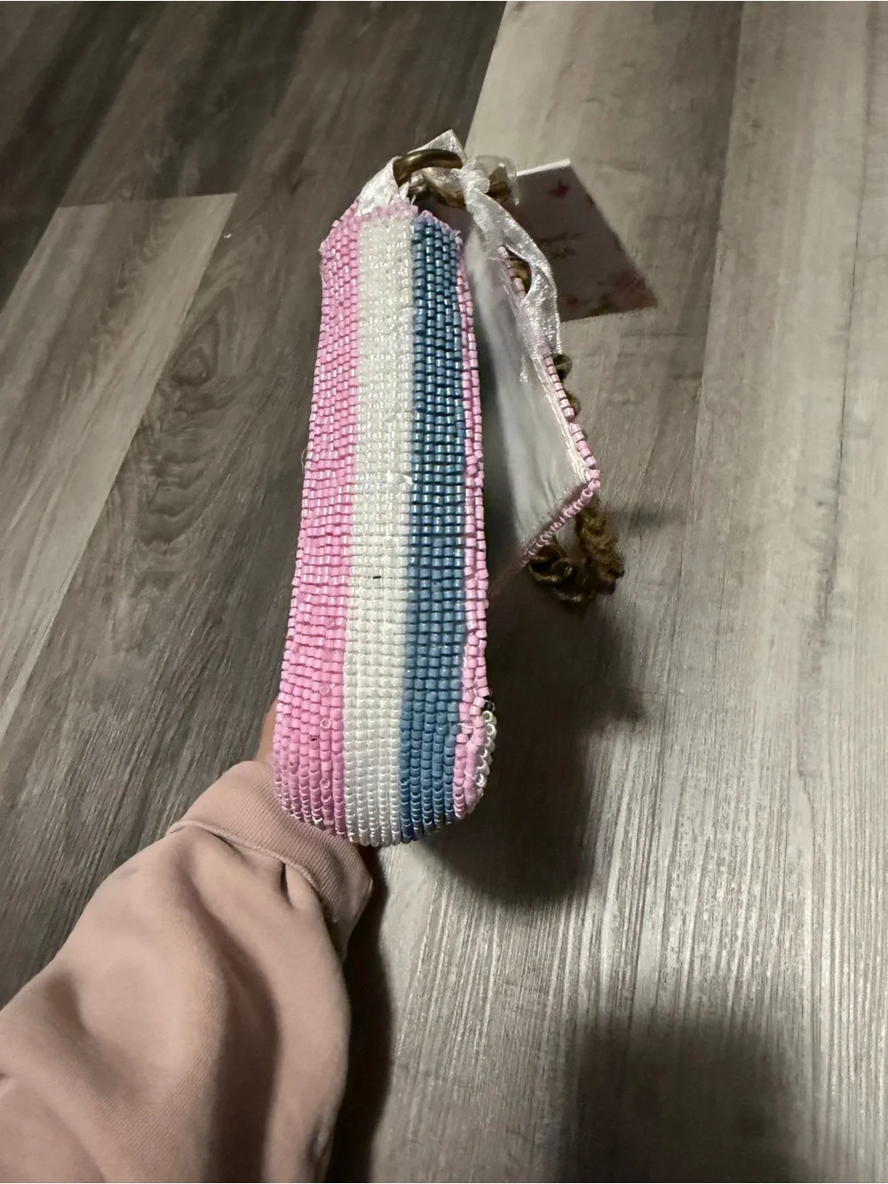 Pink, white, blue, and green stripe beaded bag with gold chain • NWT